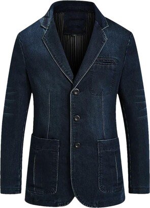 Pulcykp Mens Denim Blazer Suit Oversized Cotton Vintage Blue Coat Denim Jacket Jean Blazers Blue XS