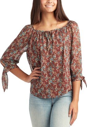 Juniors' 3/4-Sleeve Tie-Cuff Peasant Top