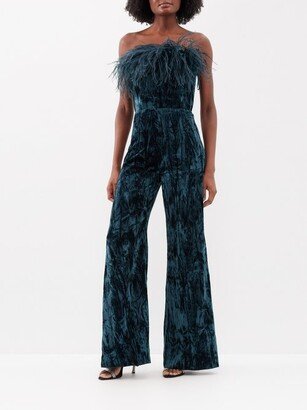 Taree Feather-trim Crushed Velvet Jumpsuit