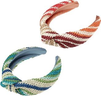 Unique Bargains Women's Bohemian Style Knotted Straw Rattan Sponge Headband Green Orange 2 Pcs