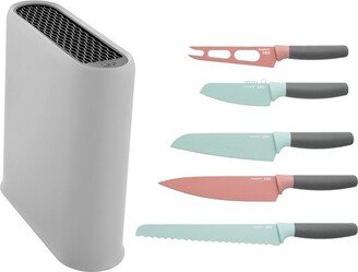 Leo 6Pc Knife Set, Universal Block, Anti-skid, Pink & Mint