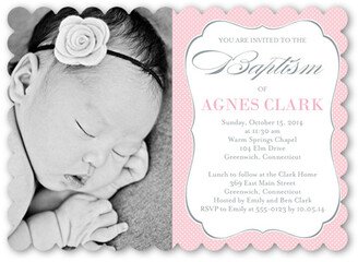 Baptism Invitations: Lovely Script Girl Baptism Invitation, Pink, Pearl Shimmer Cardstock, Scallop