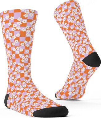 Socks: Checkered Daisies Retro - Orange And Pink Custom Socks, Multicolor