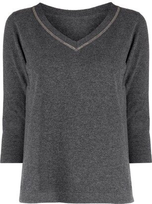 metallic trim V-neck jumper-AC