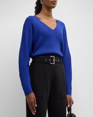 Ribbed Dolman-Sleeve V-Neck Sweater