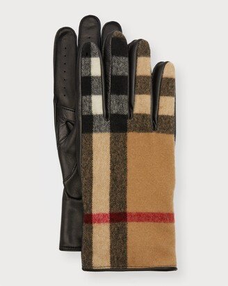 Men's Exaggerated Check Wool & Leather Gloves