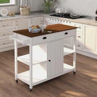 EDWINRAY Kitchen Island Rolling Trolley Cart with Wooden Tabletop & Four Open Shelves, Rustic Modern Furniture with One Drawer, One Door