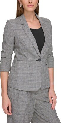 Petite Printed Ruched-Sleeve One-Button Blazer, Created for Macy's - Black/White