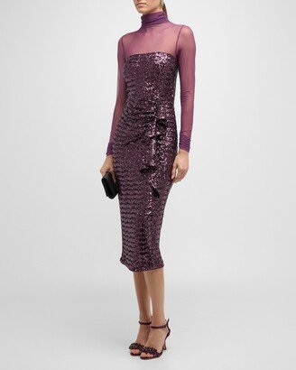 Morika Ruffle Sequin Illusion Midi Dress