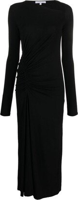 Asymmetric-Neck Shirred Midi Dress