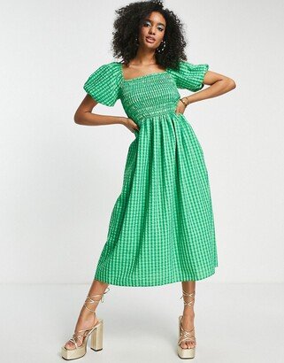 textured smock midi dress in green gingham