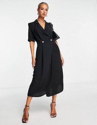 wrap tux midi dress with shoulder pads in black