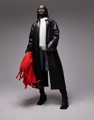 long-line faux leather coat with patch pockets in black