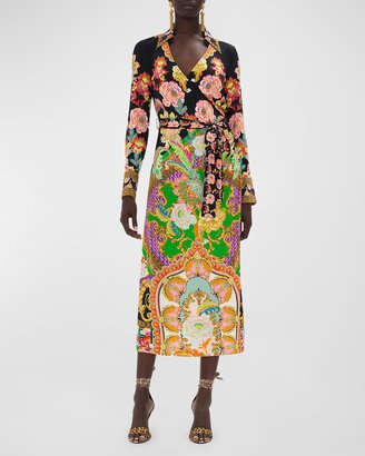 Mixed-Print Jersey Midi Faux-Wrap Dress