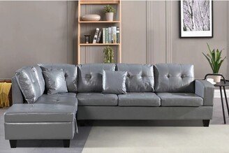 RASOO Grey Faux Leather Foldable Backrest Chaise Sofa Set with Ottoman, Cupholders, and Storage Space