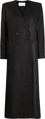 Double-Breasted Collarless Wool Coat