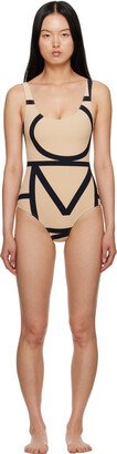 Beige & Black Monogram One-Piece Swimsuit