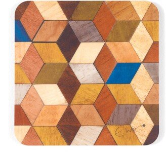 E. Inder Designs Four Coasters In Mid Century Style Geometric Design. Warm Autumn Colours. With Heat Resistant Melamine Coating. Tied With Ribbon For Easy Gifting.