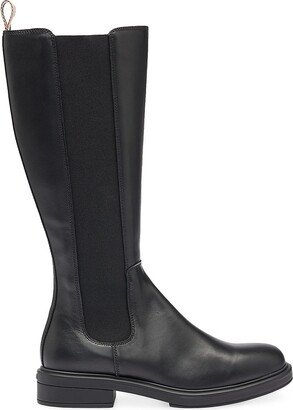 Leather Knee Boots With Low Heel And Branded Trim