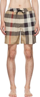 Beige Exaggerated Check Swim Shorts