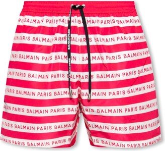 Logo Printed Drawstring Striped Swim Shorts-AA