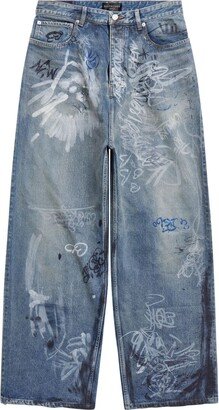 Graffiti-Print Wide-Leg Jeans-AA