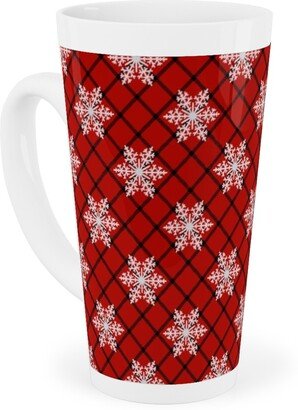 Mugs: Snowy Winter Diagonal Checker Plaid - Red And Black Tall Latte Mug, 17Oz, Red