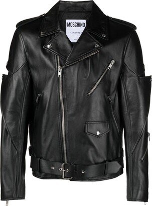 Decorative-Lapels Nappa-Leather Biker Jacket