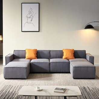 Sunmory Modular U-Shaped Sectional Fabric Couch Sectional Sofas with Ottomans-6 Seat