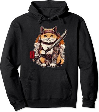 T-ShirtManiak Samurai Cat Ninja Japanese Kanji Tattoo Vintage Funny Pullover Hoodie