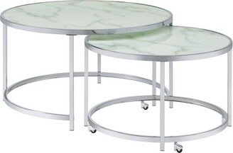 2pc Lynn Round Nesting Coffee Table Set with Marble Glass Top Chrome