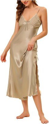 cheibear Women' Spaghetti Strap Nightdre Cami Satin Pajama Dre Light Khaki X-Large