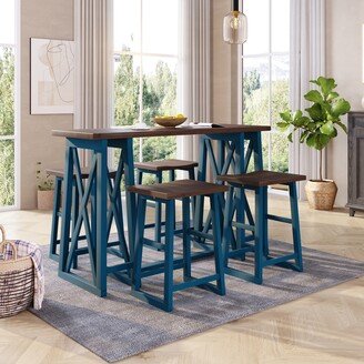 IGEMAN Rustic Counter Height 5-Piece Dining Set; Wood Console Table Set with 4 Stools for Small Places; Walnut+Blue - 60