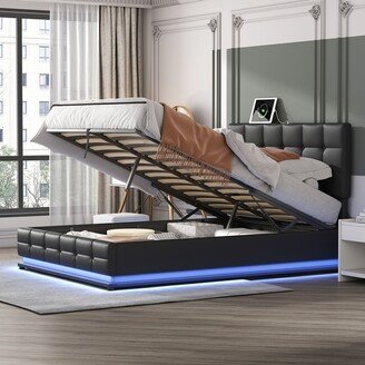 EYIW Platform Bed with Hydraulic Storage System,Queen Size PU Storage Bed with LED Lights and USB charger for Bedroom