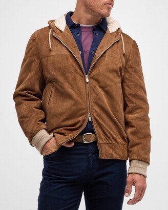 Men's Suede Full-Zip Hooded Bomber Jacket