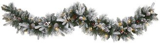 Flocked Mixed Pine Artificial Christmas Garland with 50 Led Lights, Pine Cones and Berries