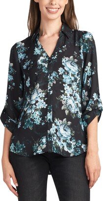 Juniors' Printed Collared Button-Down 3/4-Sleeve Top