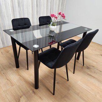 KOSY KOALA Black Clear Glass Dining Table With 4 Black Tufted Velvet Chairs Kitch