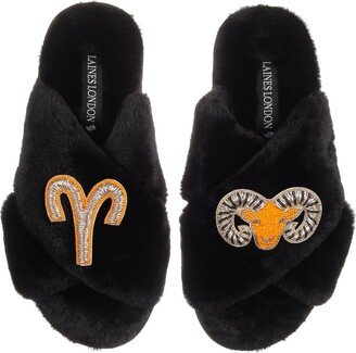 Laines London Classic Laines Slippers With Aries Star Sign Brooches - Black