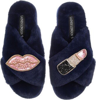 Laines London Classic Laines Slippers With Pink & Gold Pucker Up Brooches - Navy