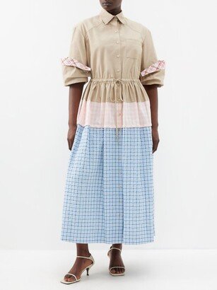 Peek-a-boo Technical And Gingham Midi Dress