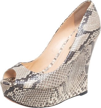 Beige Python Leather Peep Toe Wedge Pumps Size 38.5