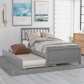 IGEMAN Modern Stylish Twin size Pinewood Platform Bed with Twin Trundle, Headboard, Wood Slats Support and No Box Spring Needed