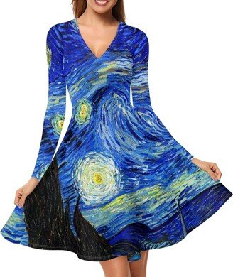 Glomenade Van Gogh Starry Night Womens Party Midi Dress V-Neck Elegant Blue Swing Dress Long Sleeve A-Line Skater Dresses Plus Size S-4XL