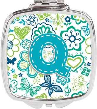 CJ2006-QSCM Letter Q Flowers & Butterflies Teal Blue Compact Mirror