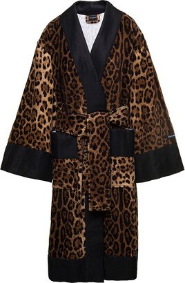 Multicolor Kimono Bathrobe With All-over Leopard Print In Cotton