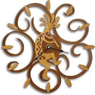 Kokopelli Flute Southwest Swirl Gold Wood On Rusted Steel Wall Clock - Choose From 11 1/4 Or 17 1/2 Inch