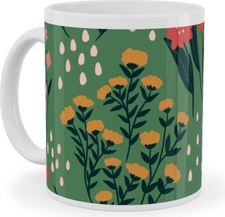 Mugs: Flowerbed Ceramic Mug, White, 11Oz, Green