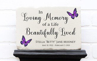 Memorial Stone | Monarch Butterfly Remembrance Sympathy Gift Garden Life Beautifully Lived Purple Butterflies