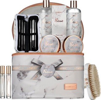 Lovery Luxe 16Pc Bath And Body Set With Cosmetic Bag, Perfumes And More, Rose Spa Kit-AB